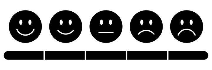 Fototapeta premium Rating emojis set in black with a black rating scale. Feedback emoticons collection, Very happy, happy, neutral, sad and very sad emojis with review measuring scale. Flat icon set of rating emoticons 