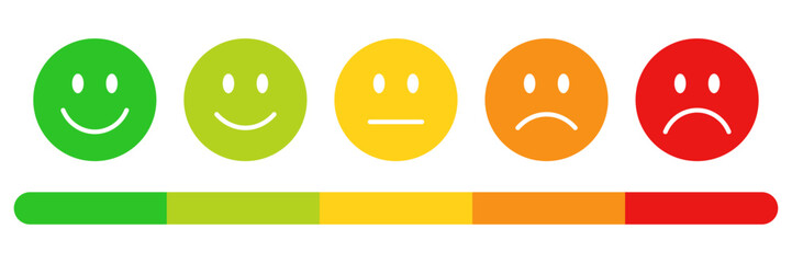 Rating emojis set in different colors with a rating scale. Feedback emoticons collection, Very happy, happy, neutral, sad and very sad emojis with a rating review measuring scale.