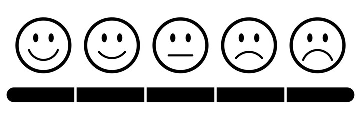 Rating emojis set in black with outline with a black rating scale. Feedback emoticons collection, Very happy, happy, neutral, sad and very sad emojis with review measuring scale.