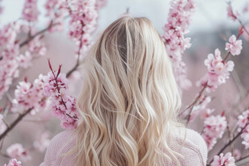 Naklejka premium Blonde Woman Embracing A Blossoming Sakura Branch