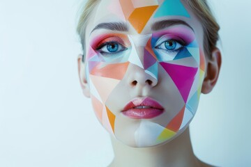 Abstract portrait of a blonde woman, geometric makeup, white background