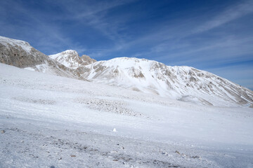 Panoramic view of snowy mountains in central Italy. Campo Imperatore, Gran Sasso Italy