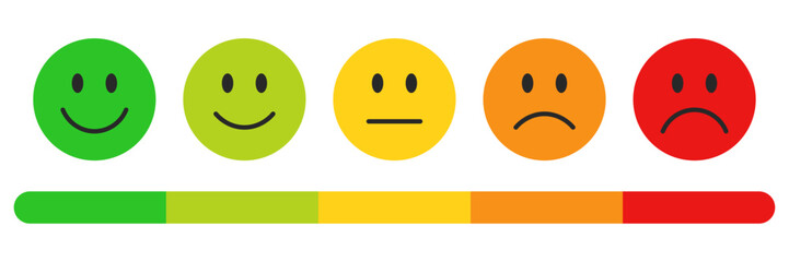 Rating emojis set colour with a rating scale. Feedback emoticons collection. Very happy, happy, neutral, sad and very sad emojis with a rating scale.