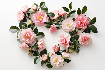 Aerial View Of Camellias Arranged In A Heart Shape On A White Background