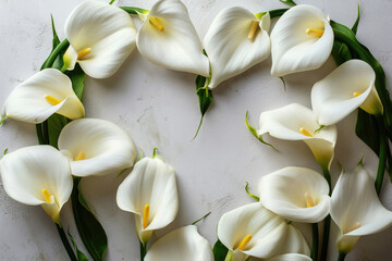 Top View Of Calla Lilies Arranged In A Heart Shape On A White Background