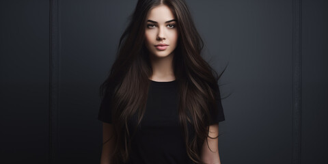 Young beautiful woman long hair with dressed in a black t-shirt.
