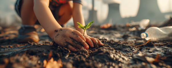 Child taking care of a seedling on polluted land. Pollution concept. - obrazy, fototapety, plakaty