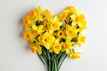 Daffodils Laid Out In Heart Shape On White Background Top View