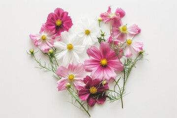 Cosmos Laid Out In Heart Shape On White Background Top View