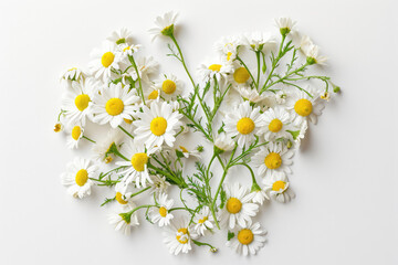 Top-View Image Of Daisies Arranged In A Heart Shape On A White Background