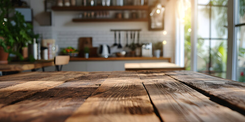 Fototapeta premium Empty beautiful wood table and blur bokeh modern kitchen interior background in clean and bright