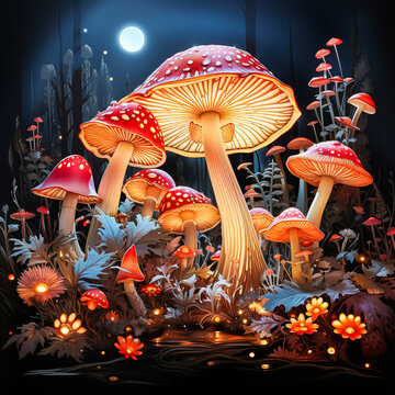 Enchanting forest scene with inedible mushrooms. An illustrated stock image for cards or books, capturing the magic and whimsy of woodland landscapes