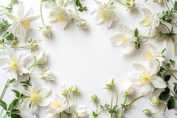 Columbines Arranged On White Background With Ample Empty Space