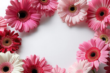 Minimalistic Composition Of Gerbera Daisies On White Background, Drawing Focus To Ample Negative Space