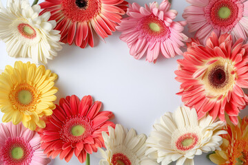 White Background With A Beautiful Frame Of Gerbera Daisies, Offering Plenty Of Space