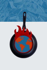 Vertical creative collage picture food warm up fry pan burn planet change climate global problems fire destroyed damaged world template