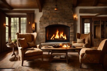 Craft a captivating image capturing the essence of a tranquil retreat, centered around an impeccably detailed fireplace.

