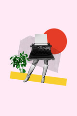 Vertical collage creative poster black white filter human foot headless typewriter machine plant...