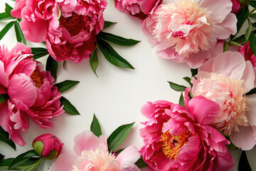 Frame Of Peonies On White Background, Lots Of Space Inside