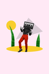 Vertical collage picture illustration black white effect man dance retro cassette headless rep...