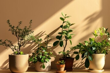 Collection of different houseplants in ceramic pots on a beige background in sunlight, minimalism style, banner with copy space for text