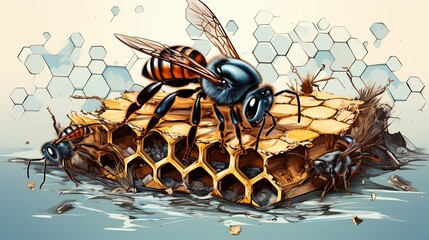 Hexagon shaped honeycomb in the forest with bees and flowers. Vintage style. Vector illustration.