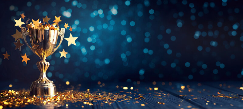 Golden victory trophy and golden stars with copy space