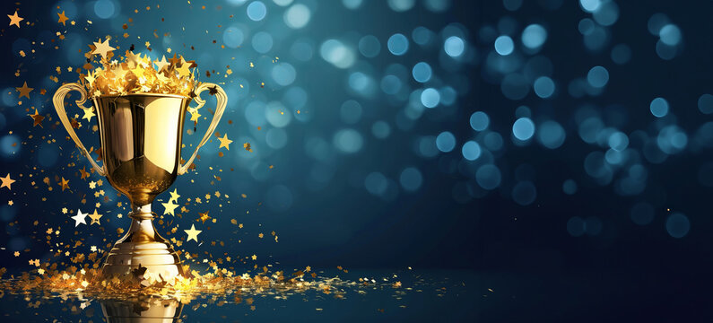Golden victory trophy and golden stars with copy space