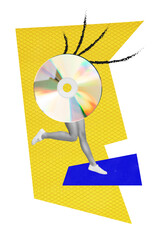 Vertical collage creative illustration monochrome effect legs run jump eyelashes dvd disk plate exclusive white yellow blue background