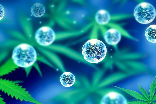 Cannabis leaves amidst soap bubbles, a surreal and vibrant composition. A captivating stock photo blending nature and whimsy in a unique visual.