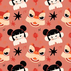 Year of Dragon Seamless pattern with happy smile girl cute kid and lion dance watercolor cartoon for Chinese New Year,Happy New Year,Lunar New Year Festival
