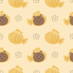 Obraz premium Cute taiyaki kawaii cat seamless pattern Watercolor illustration Dessert with bakery food snack Japanese cookie 