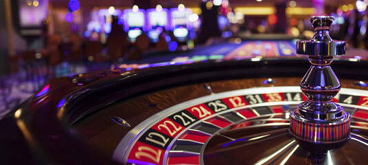 Casino roulette wheel spinning in motion with a copy