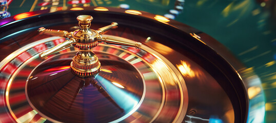 Casino roulette wheel spinning in motion with a copy