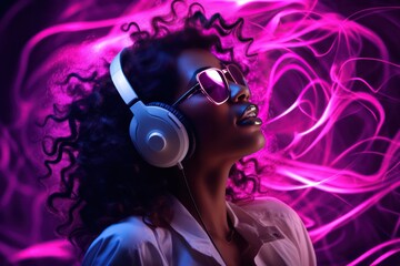 diverse beautiful black woman dj  in headphones with pink neon lights listening to music, dancing. Music concert, funk, soul, rap, hip-hop party poster.