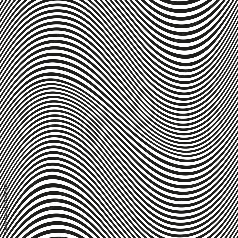 Poster op art wave seamless pattern. stripe lines monochrome waves optical illusion distorted pattern.
