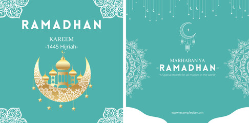 Blue trendy colorful social media instagram square post islamic ramadan template set for product sale promotion - obrazy, fototapety, plakaty