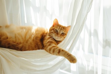 Funny ginger kitten playing hanging on the curtain. A cute pet having fun near the window.
