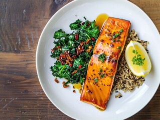 A closeup view of a white plate from top with a Roasted salmon fillet with a honey and mustard glaze, served with a side of wild rice pilaf and sautéed garlic kale.