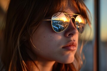 A young woman wearing mirrored sunglasses reflecting an airfield and a departing airplane. Concept of travel, vacation, adventure.