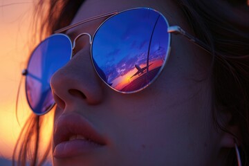 A young woman wearing mirrored sunglasses reflecting an airfield and a departing airplane. Concept of travel, vacation, adventure.