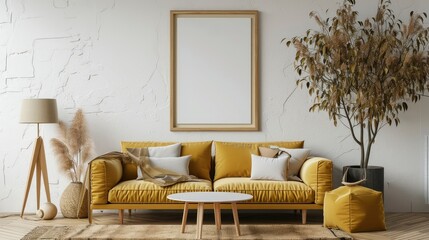 Mock up frame in home interior background, beige room with minimal decor.