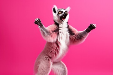 ring-tailed lemur dancing and singing on pink background creative website banner. Sales, shopping, discount, sale season.