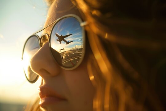 A young woman wearing mirrored sunglasses reflecting an airfield and a departing airplane. Concept of travel, vacation, adventure.