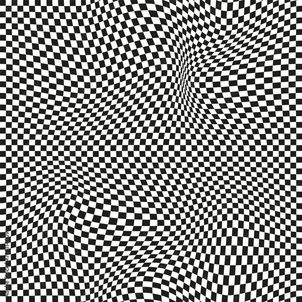 Poster seamless checkered pattern. distorted optical illusion banner. op art checkered curved pattern.