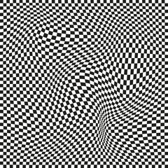 Seamless checkered pattern. Distorted optical illusion banner. Op art checkered curved pattern. - obrazy, fototapety, plakaty