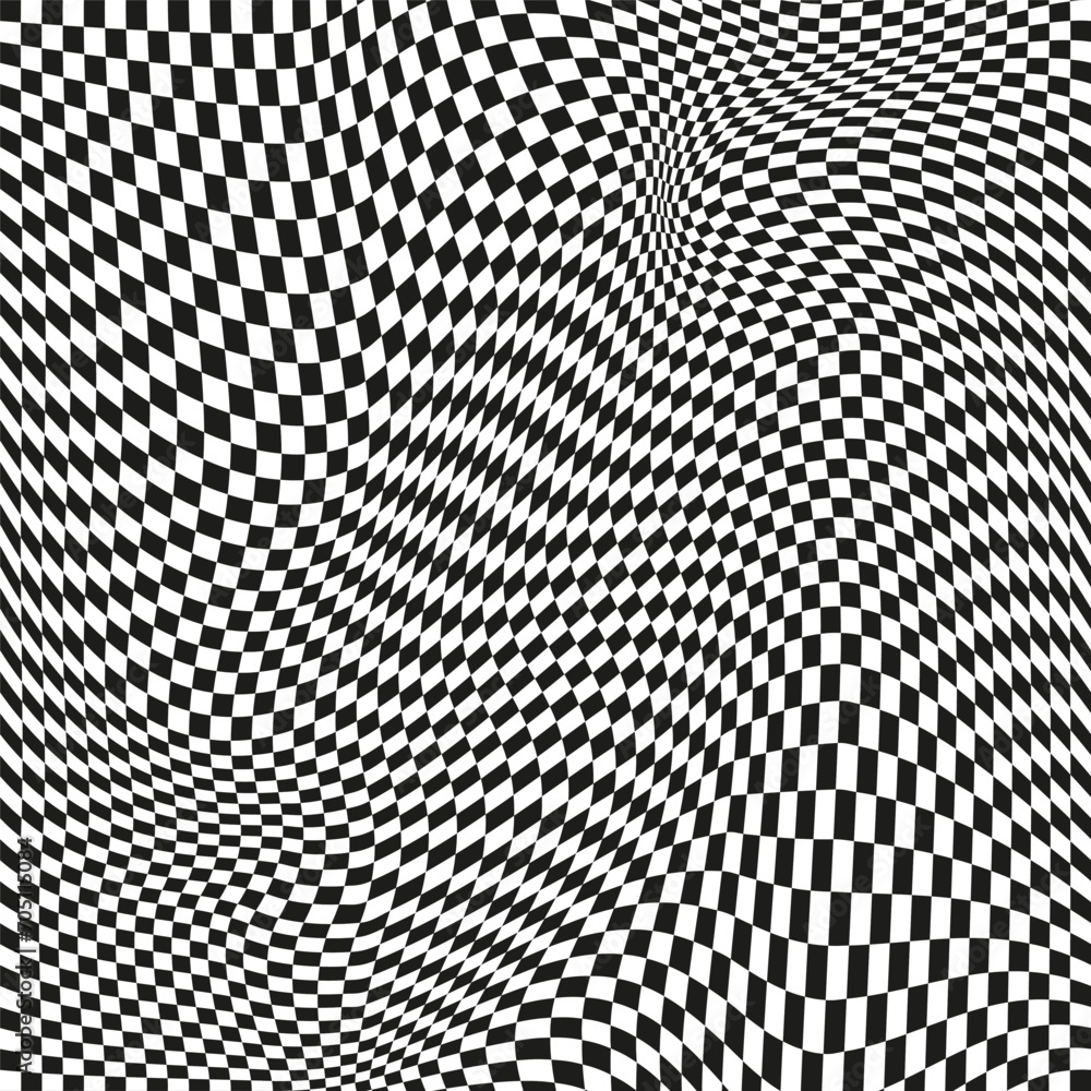 Aufkleber seamless checkered pattern. distorted optical illusion banner. op art checkered curved pattern.