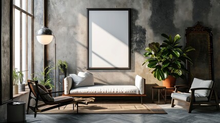 Mock up frame in home interior background, beige room with minimal decor.