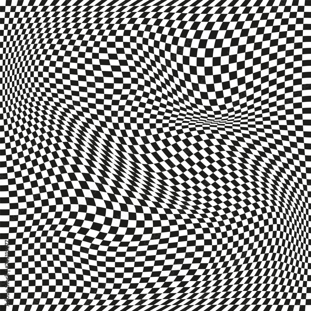 Poster seamless checkered pattern. distorted optical illusion banner. op art checkered curved pattern.
