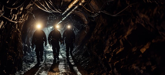 Silhouette of miners in an underground coal mine with copy space - obrazy, fototapety, plakaty